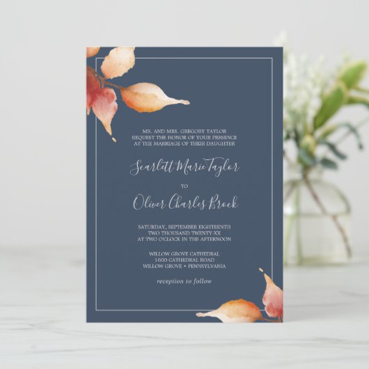 Fall Leaves | Navy Blue & Burgundy Formal Wedding Kaart (Staand voorkant)