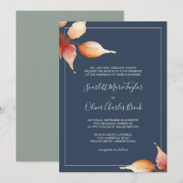 Fall Leaves | Navy Blue & Burgundy Formal Wedding Kaart