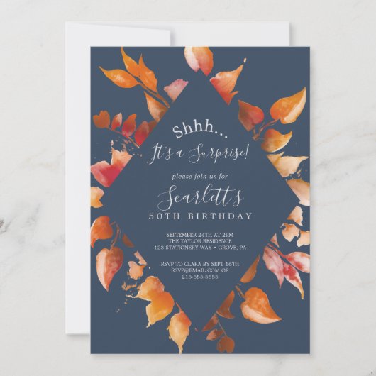 Fall Leaves | Navy Blue & Burgundy Surprise Party Kaart (Voorkant)