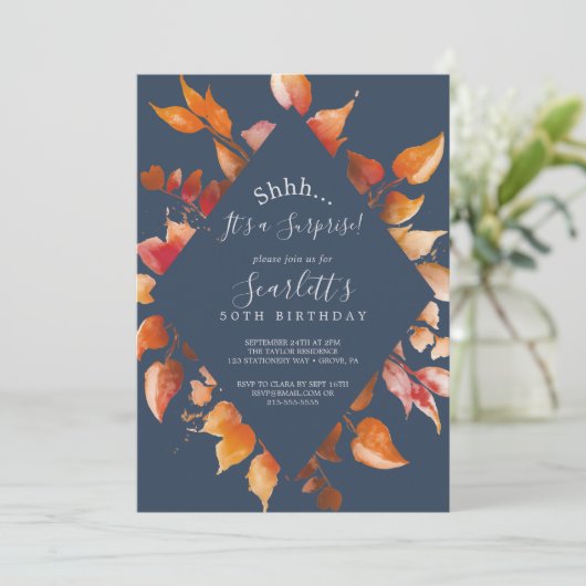 Fall Leaves | Navy Blue & Burgundy Surprise Party Kaart (Staand voorkant)