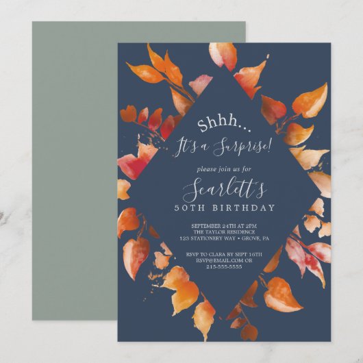 Fall Leaves | Navy Blue & Burgundy Surprise Party Kaart (Voorkant / Achterkant)