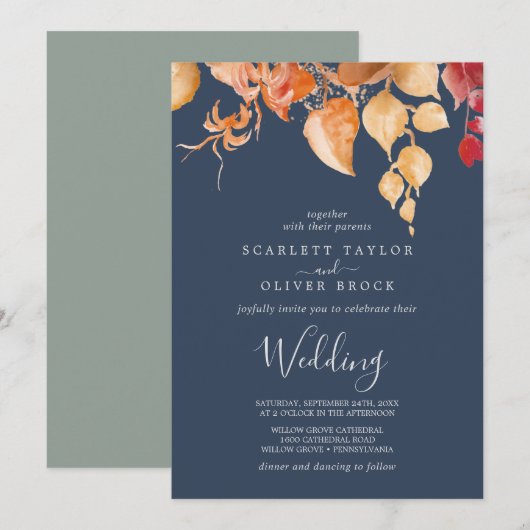 Fall Leaves | Navy Blue & Burgundy Wedding Kaart (Voorkant / Achterkant)
