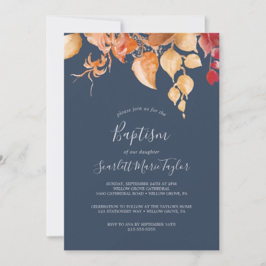 Fall Leaves | Navy Blue en Bourgogne Baptisme Kaart (Voorkant)