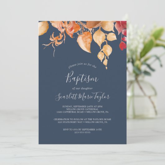 Fall Leaves | Navy Blue en Bourgogne Baptisme Kaart (Staand voorkant)