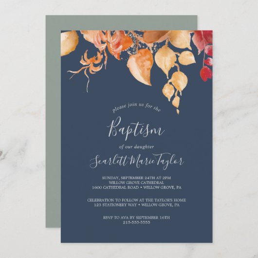 Fall Leaves | Navy Blue en Bourgogne Baptisme Kaart (Voorkant / Achterkant)