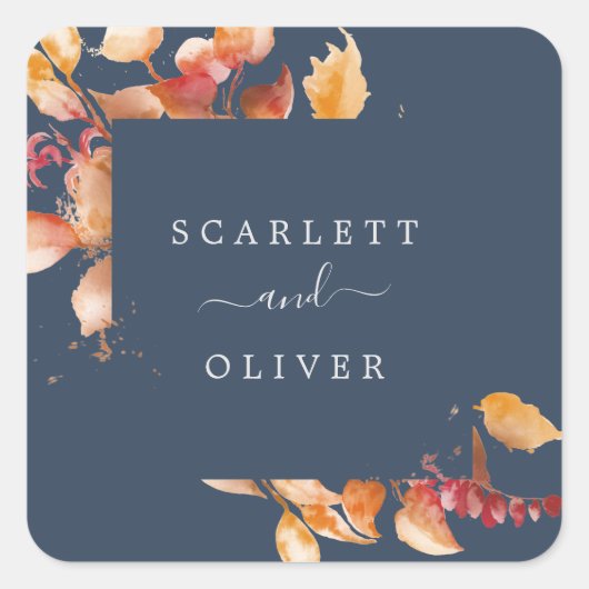 Fall Leaves | Navy Blue en Bourgogne Envelope Seal Vierkante Sticker (Voorkant)