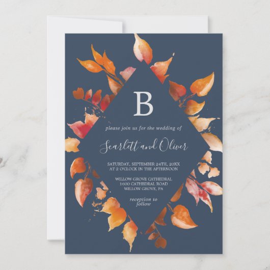 Fall Leaves | Navy Blue en Burgundy Diamond Wedden Kaart (Voorkant)