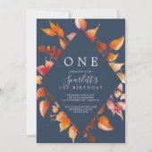 Fall Leaves | Navy Blue en Burgundy First Birthday Kaart (Voorkant)