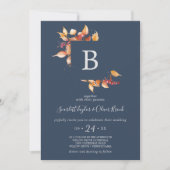 Fall Leaves Navy Blue en Burgundy Monogram Weddens Kaart (Voorkant)