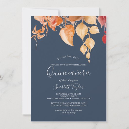 Fall Leaves | Navy Blue en Burgundy Quinceañera Kaart (Voorkant)