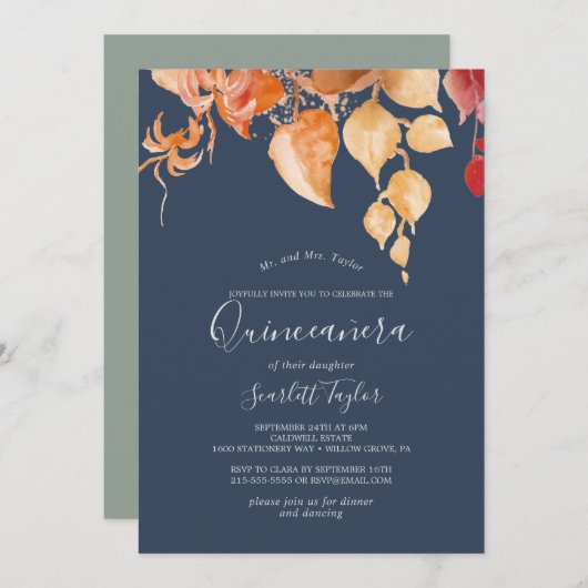 Fall Leaves | Navy Blue en Burgundy Quinceañera Kaart (Voorkant / Achterkant)