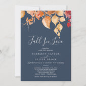 Fall Leaves | Navy Blue Herfst in Love Wedding Kaart (Voorkant)