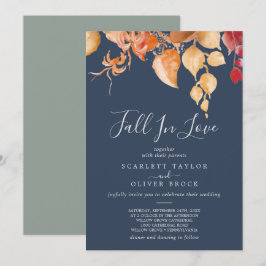 Fall Leaves | Navy Blue Herfst in Love Wedding Kaart