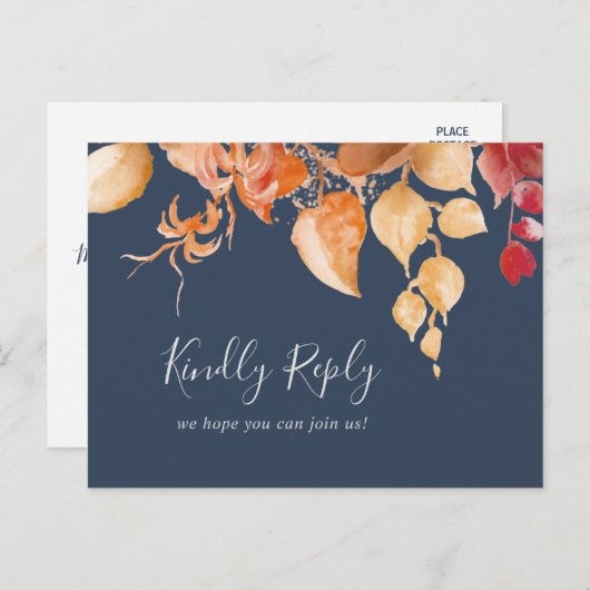Fall Leaves | Navy Blue Menu Choice RSVP Briefkaar (Voorkant / Achterkant)