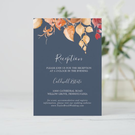 Fall Leaves | Navy Blue Reception Insert Kaart (Staand voorkant)