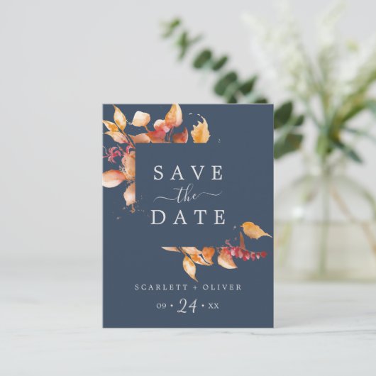 Fall Leaves | Navy Blue Save the Date Briefkaart (Staand voorkant)