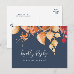 Fall Leaves   Navy Blue Song Request RSVP Briefkaa Uitnodiging Briefkaart