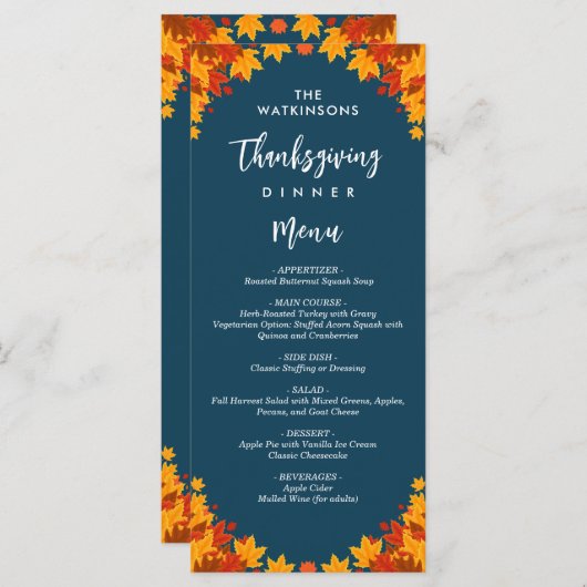Fall Leaves Navy Blue Thanksgiving Menu (Voorkant / Achterkant)