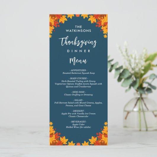 Fall Leaves Navy Blue Thanksgiving Menu (Staand voorkant)