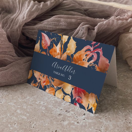 Fall Leaves | Navy Blue Wedding Place Cards Kaart