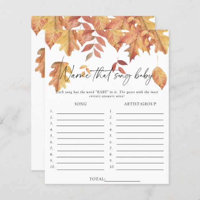 Fall leaves - Noem dat nummer baby shower spel (Voorkant / Achterkant)