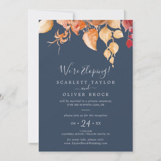 Fall Leaves | Ontvangst van marineblauw Elopement Kaart (Voorkant)