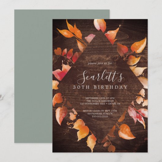 Fall Leaves | Rustic Brown Wood 30th Birthday Kaart (Voorkant / Achterkant)