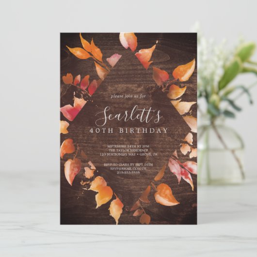 Fall Leaves | Rustic Brown Wood 40th Birthday Kaart (Staand voorkant)