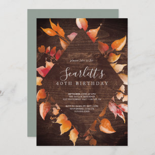 Fall Leaves Rustic Brown Wood 40th Birthday Kaart