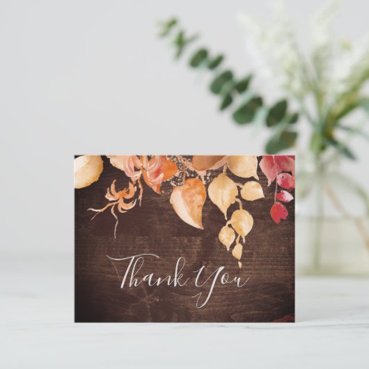 Fall Leaves | Rustic Brown Wood Dank u Briefkaart (Staand voorkant)