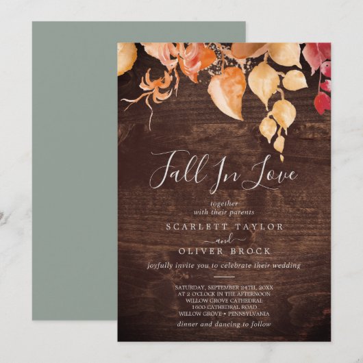 Fall Leaves Rustic Brown Wood Herfst in Love Weddi Kaart (Voorkant / Achterkant)