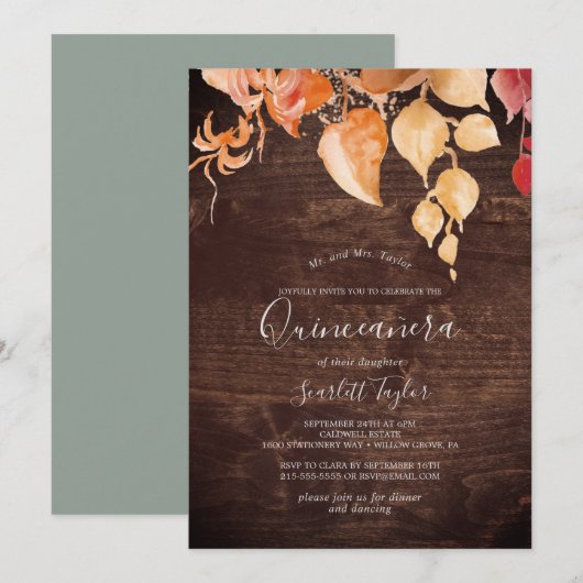 Fall Leaves | Rustic Brown Wood Quinceañera Kaart (Voorkant / Achterkant)
