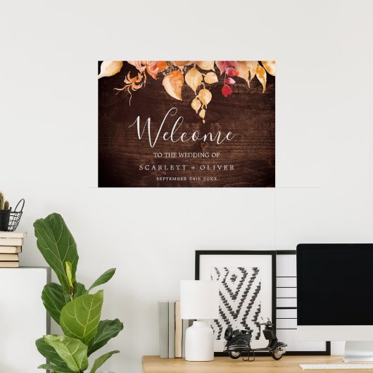 Fall Leaves | Rustic Brown Wood Welcome Wedding Poster (Thuiskantoor)