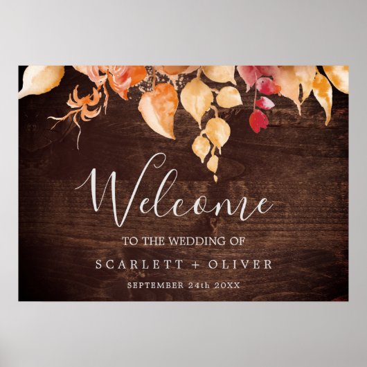 Fall Leaves | Rustic Brown Wood Welcome Wedding Poster (Voorkant)