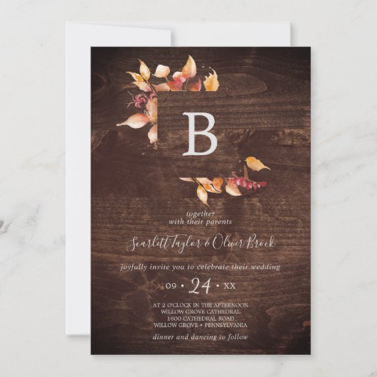 Fall Leaves | Rustic bruin hout Monogram bruiloft Kaart (Voorkant)