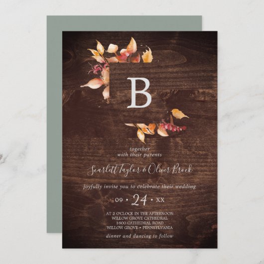 Fall Leaves | Rustic bruin hout Monogram bruiloft Kaart (Voorkant / Achterkant)