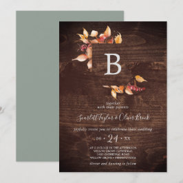 Fall Leaves | Rustic bruin hout Monogram bruiloft Kaart