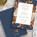 Fall Leaves Rustic Wedding Invitation Kaart<br><div class="desc">Navy BlueTerracotta Fall Leaves Wedding Invitation. Deze elegante trouwuitnodiging is voorzien van prachtige handbeschilderde waterverf verbrand sinaasappel, koper, terracotta bladeren, crème en beige dahlias, en prachtige roest en bruine rozen op een blauw marineklein, perfect voor een herfstbruiloft! De achterkant van de uitnodiging heeft een mooie tak van bladeren met het...</div>