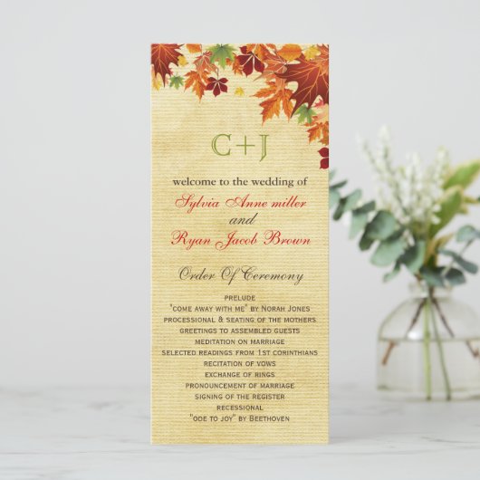 Fall Leaves Rustic Wedding Programmakaart (Staand voorkant)