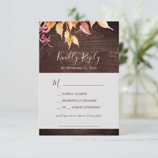 Fall Leaves | Rustic Wood Song Request RSVP Card (Staand voorkant)