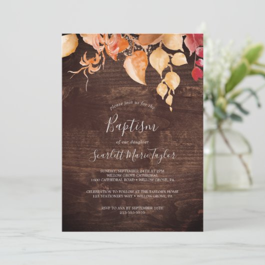 Fall Leaves | Rustisch bruin hout — Baptisme Kaart (Staand voorkant)
