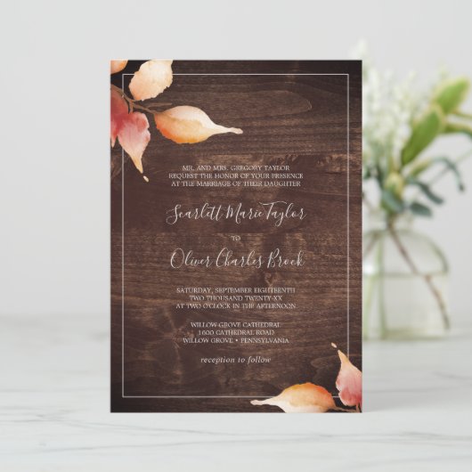 Fall Leaves | Rustisch bruin hout — officieel huwe Kaart (Staand voorkant)