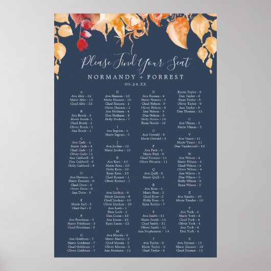 Fall Leaves | Schema van de marineblauw-alfabetisc Poster (Voorkant)