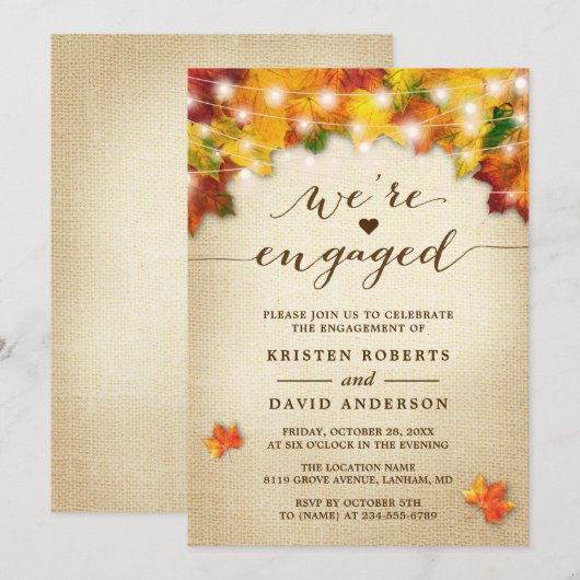 Fall Leaves String Lights Burlap Engagement Party Kaart (Voorkant / Achterkant)