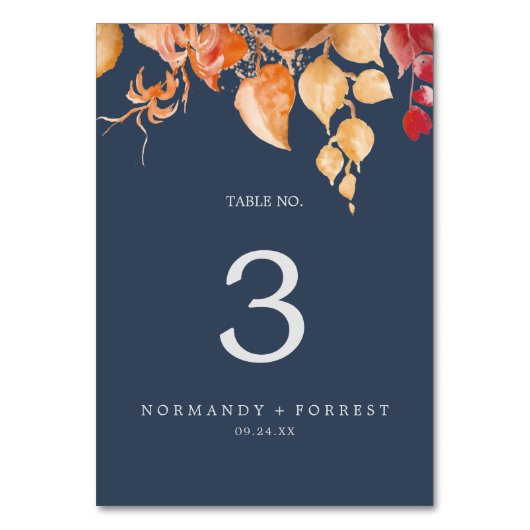Fall Leaves | Tafelnummer Navy Blue & Burgundy (Voorkant)