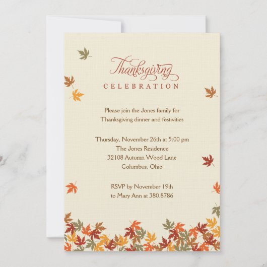 Fall Leaves Thanksgiving Dinner Invitation Kaart (Voorkant)