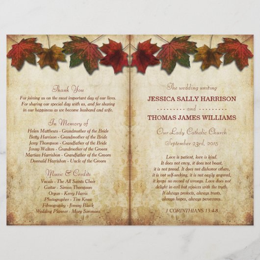Fall Leaves Wedding Bi-Fold Program Sjabloon (Voorkant)