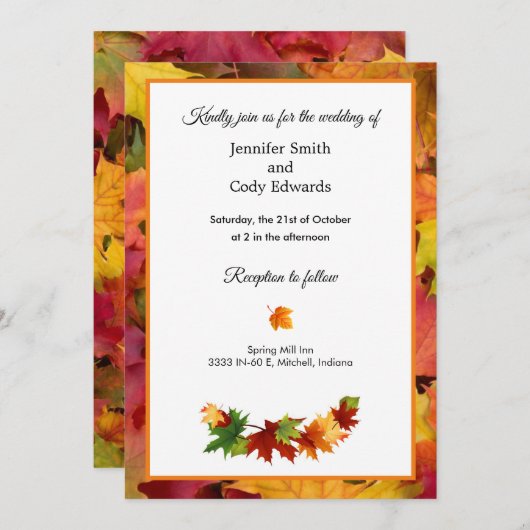 Fall Leaves Wedding Invitation Autumn Flat Kaart (Voorkant / Achterkant)