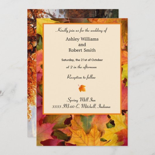 Fall Leaves Wedding Invitation Flat Kaart herfst (Voorkant / Achterkant)
