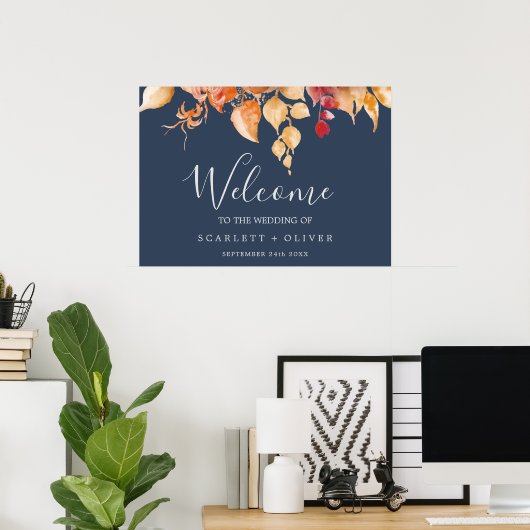 Fall Leaves | Welkomsthuwelijk van Navy Blue en Bu Poster (Thuiskantoor)